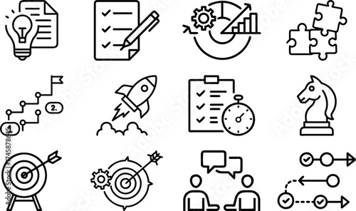 A collection of various business and technology concept icons on a plain surface. These icons include ideas, checklists, graphs, puzzles, and more
