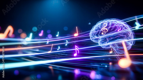 Colorful sound waves connect with a brain illustration in a vibrant digital scene during a creative art display