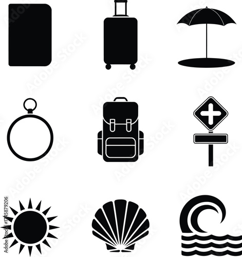 Travel And Vacation Related Symbol Collection On Clean White Background For Design Use