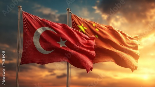 Flags of Turkey and China waving together under a sunset sky showcasing unity and friendship