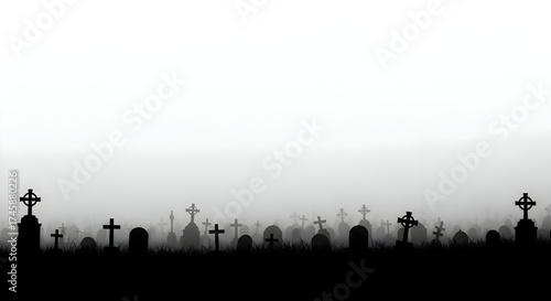 Silhouette of a spooky graveyard with tombstones and crosses in the fog, creating a haunting and atmospheric scene perfect for halloween themes