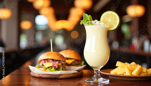 Fresh burgers with a tropical drink and side of fries on table  
