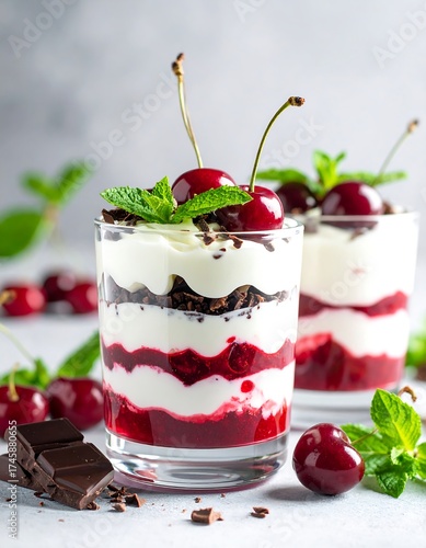 Layered dessert of cherries, cream, and chocolate