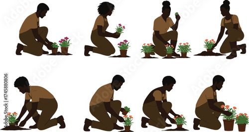 Cartoon children planting flowers, gardening teamwork activity with soil, pots, and plants, nature care and outdoor illustration