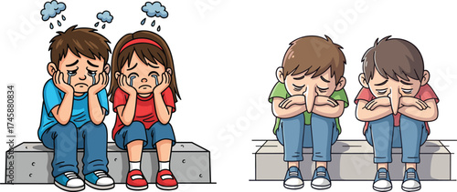 Cartoon children sitting sad on benches, emotional distress with storm clouds, depression and sadness 