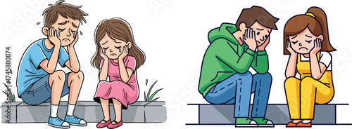 Cartoon children sitting sad on sidewalks, emotional distress and worry, depression and anxiety concept illustration design