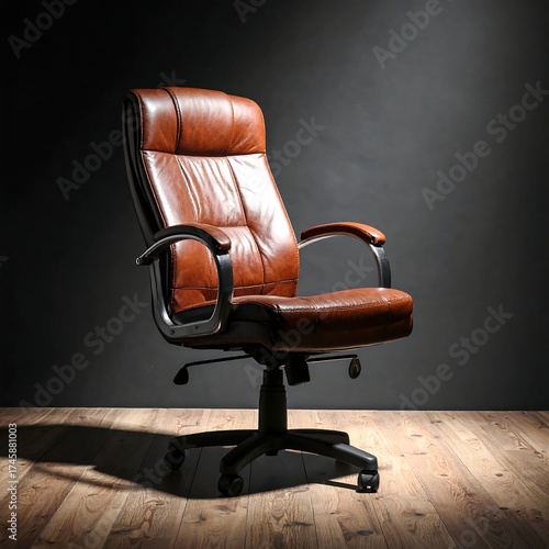 Leather office chair on wooden floor with dark background