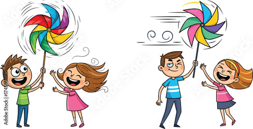 Cartoon children with pinwheels, manual spinning versus wind power motion, fun energy and physics 