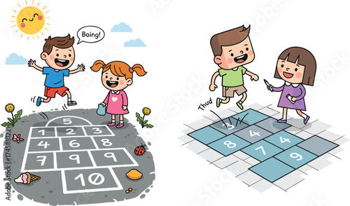 Children playing hopscotch outdoors, happy kids jumping, traditional and modern hopscotch grids, fun childhood activity illustration