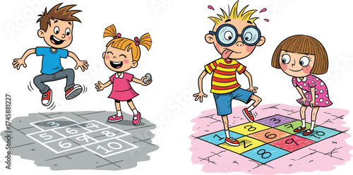 Children playing hopscotch outdoors, happy kids jumping, traditional and colorful hopscotch boards, fun childhood activity illustration