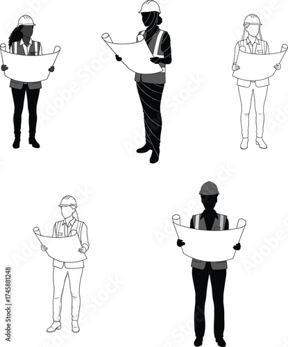 Construction worker silhouettes with blueprints, engineer and architect figures in helmets, building design and planning illustration set