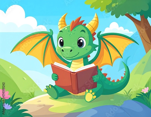 Cute dragon reading a book outdoors