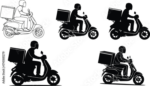 Delivery scooter rider silhouettes set, courier with box in different styles, food and package transportation illustration
