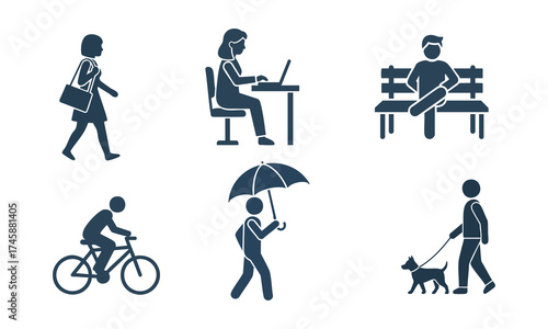  working silhouette icons sate.Vector illustration in Sitting, walking, dancing, etc. 