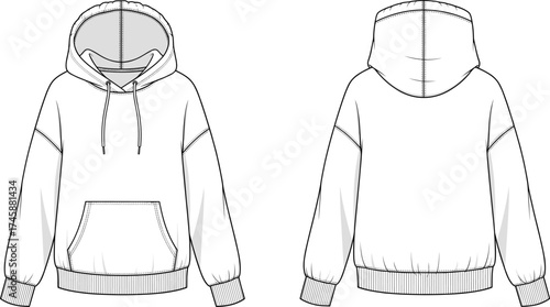 Hooded sweatshirt flat sketch, front and back technical drawing with kangaroo pocket, drawstring hood, and ribbed details