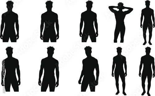Male silhouette poses set, standing figure in various stances, posture reference for anatomy, character design, animation illustration