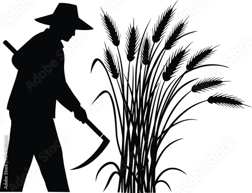 Silhouette farmer harvesting crops with sickle, traditional agriculture worker in wide hat, rural farming harvest concept illustration