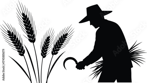 Silhouette farmer harvesting wheat with sickle, traditional agriculture worker holding bundle, rural farming harvest concept illustration