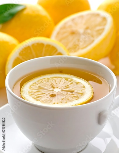 Lemon tea in a white cup with lemons in the background