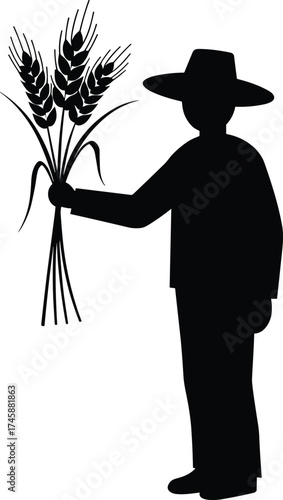 Silhouette farmer holding wheat bundle, agriculture worker in wide hat, traditional harvest farming concept, black and white illustration