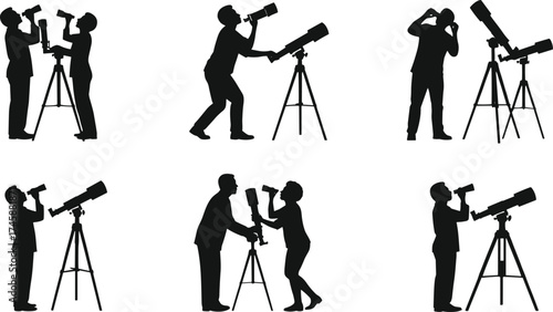 Silhouette people with telescopes, stargazing and astronomy observation poses, night sky exploration and space science illustration