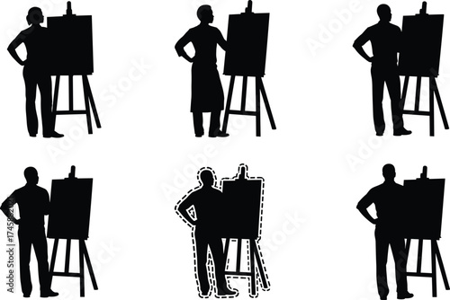 Artist silhouette at easel set, painter working on canvas in different postures, creative art illustration design