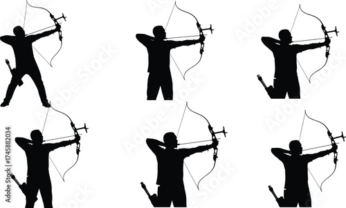 Archery silhouette set, bow and arrow stances in standing and kneeling positions, sports training and technique illustration