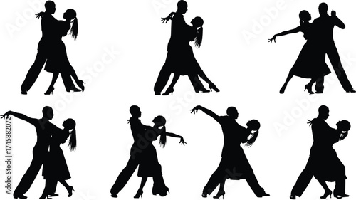 Ballroom dancing couple silhouettes set, elegant partner dance poses with grace and movement, romantic dance illustration design