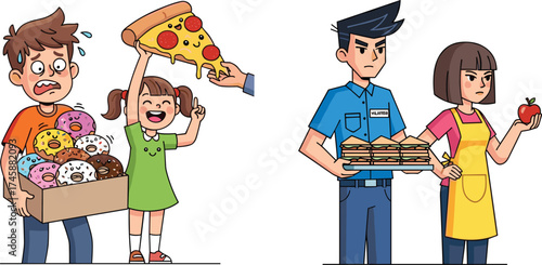 Cartoon characters with food, kids holding donuts and pizza, adults with healthy meals, contrast unhealthy healthy eating