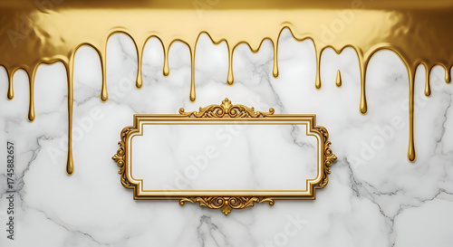 Elegant gold frame on marble background with dripping gold paint, creating a luxurious and sophisticated design for invitations or announcements