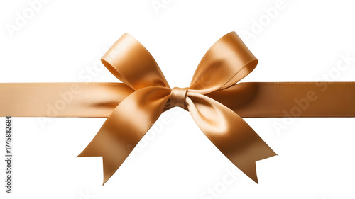Elegant golden satin ribbon with a perfectly tied bow, isolated on transparent background — ideal for gift design, celebration graphics, and holiday decor.