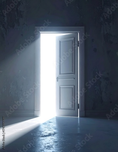 Light shines through open door in a dark room