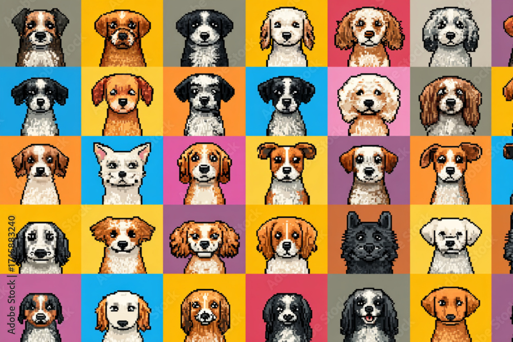 Obraz premium Colorful pop art style grid featuring many different dog breeds.