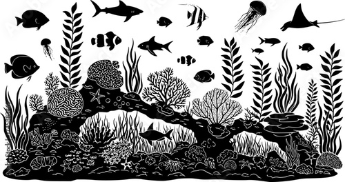 Detailed underwater reef sketch with ocean floor coral and seaweed. Marine life silhouettes illustration isolated on white background.
