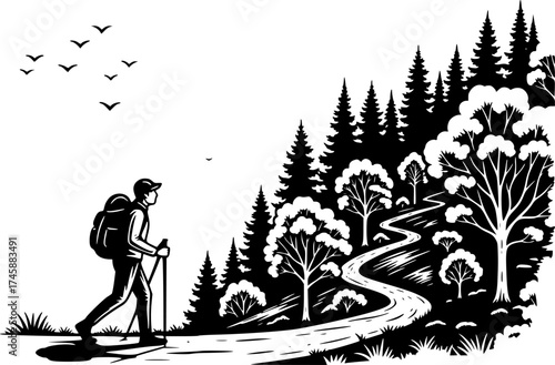 Sketch vector of hiker on forest trail outdoor adventure travel icon
