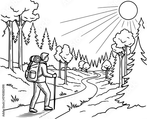 Sketch vector of hiker on forest trail outdoor adventure travel icon
