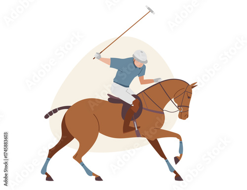 Polo player riding pony and swinging mallet during match