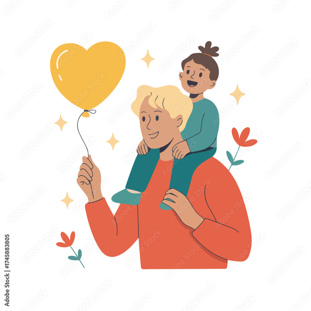 Obraz premium Cartoon Family Bonding Illustration Featuring Adult Carrying Child on Shoulders with Heart-Shaped Balloon, Surrounded by Stars and Flowers, Joyful Parenting Scene for Love, Celebration.