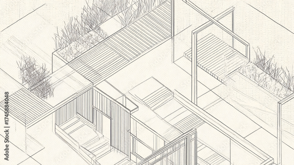 Fototapeta premium Hand Drawn Axonometric Projection of a Modern House Plan.