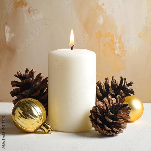 Lit candle flanked by pine cones and golden ornaments