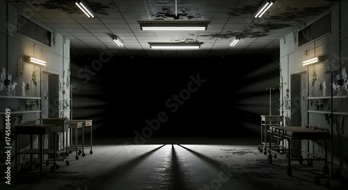 Eerie and dimly lit abandoned hospital corridor with decaying walls, rusty medical equipment, and foreboding shadows, creating a sense of dread