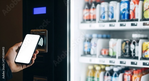 Man paying with smartphone at vending machine. Contactless payment for daily purchase. Retail technology concept.