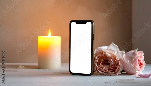 Lit candle next to phone and roses