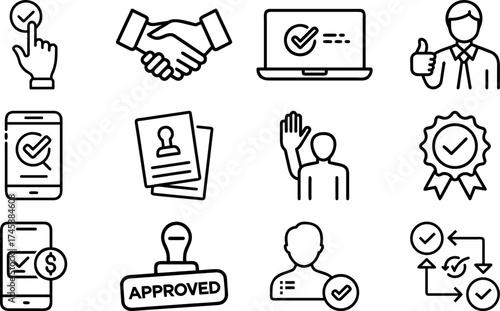 A set of approved business icons, illustrating various stages of acceptance and agreement. Each icon embodies a symbol of success and endorsement.