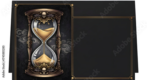 An ornate hourglass with golden sand and a blank space for text, perfect for gothic, steampunk, or timethemed designs and invitations