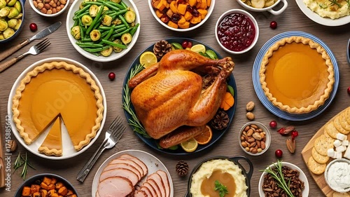 A festive Thanksgiving feast with a golden turkey centerpiece pies and an array of sides perfect for a holiday gathering
