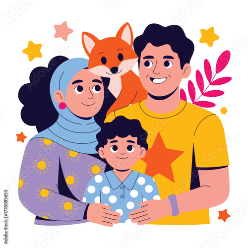 Happy Multicultural Muslim Family Portrait, a Mother in a Hijab and a Father Hugging Their Son, a Whimsical Flat Design Illustration with a Cute Fox, a Symbol of Diversity, Love, and Modern Parenthood