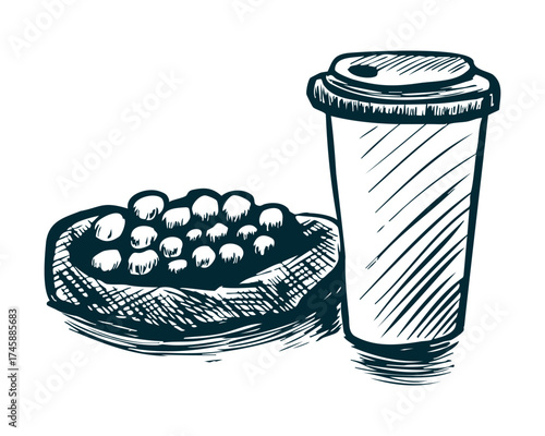 Sketch of Danish, takeaway Coffee Cup with lid. Blueberry Pastries from bakery, hot drink. Rough hand-Drawn image for cafe, pastry shop decor. Pencil shading. Sweet. Vector ink isolated illustration