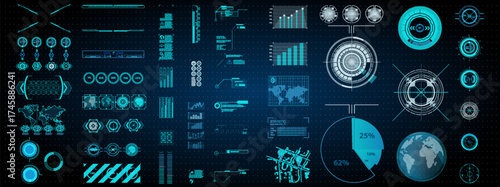 This visual showcases a futuristic digital interface filled with data representations, including charts, graphs, and a world map, highlighting analytics and insights.