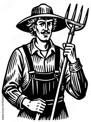 Farmer holding pitchfork with straw hat and overalls. Farmer stands confidently in traditional attire, showcasing dedication to agriculture and rural life.